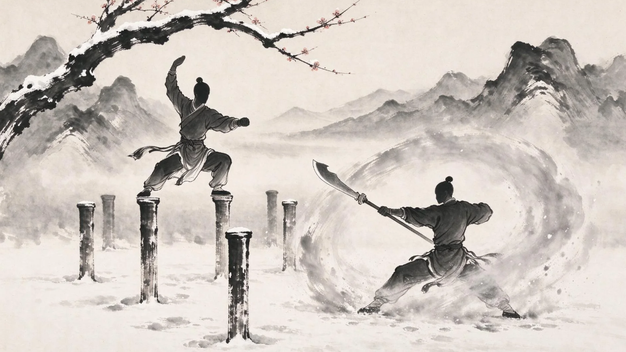 山水间练拳的水墨意象插画